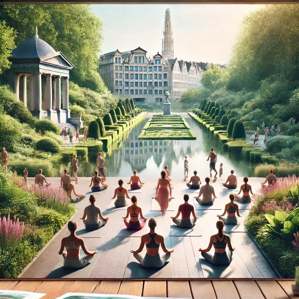 DALL·E 2024 10 15 01.21.33 A realistic high resolution photo for a lifestyle magazine representing health and well being. The image shows people practicing yoga and mindfulness